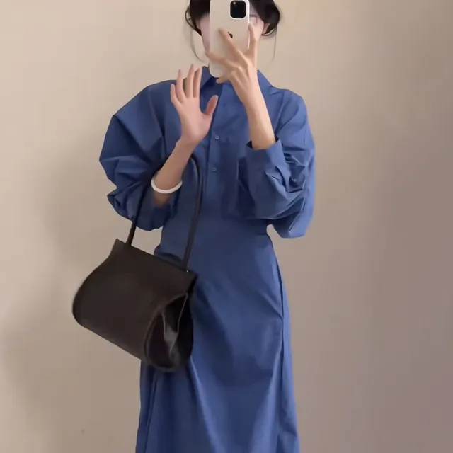 大码韩系时尚POLO领长袖衬衫连衣裙夏季胖mm绑带修身显瘦气质长裙