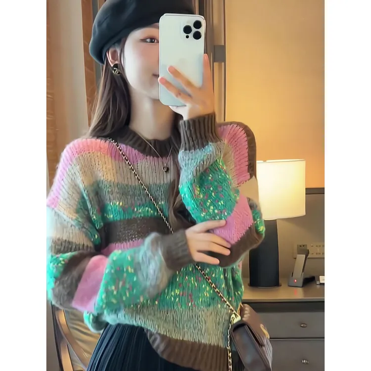 慵懒风彩色条纹头套毛衣秋冬新款宽松撞色针织衫显瘦百搭长袖上衣