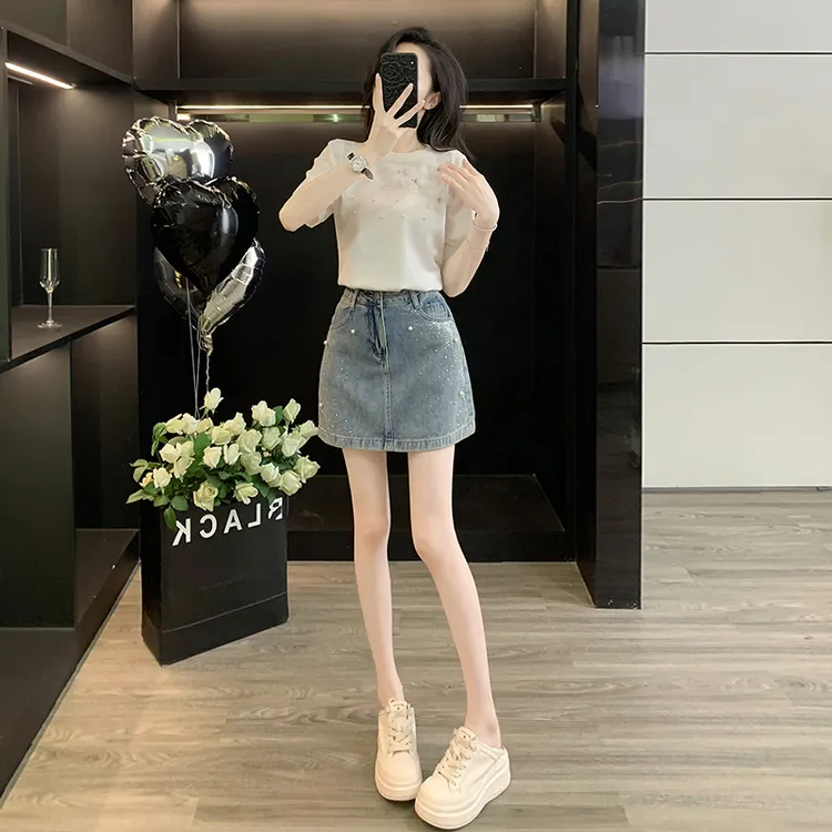 减龄显瘦短袖针织衫洋气冰爽丝上衣牛仔半身裙防走光a字包臀短裙