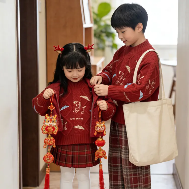 红色毛衣加厚儿童兄妹秋冬拜年新年针织套头圆领长袖保暖打底圣诞