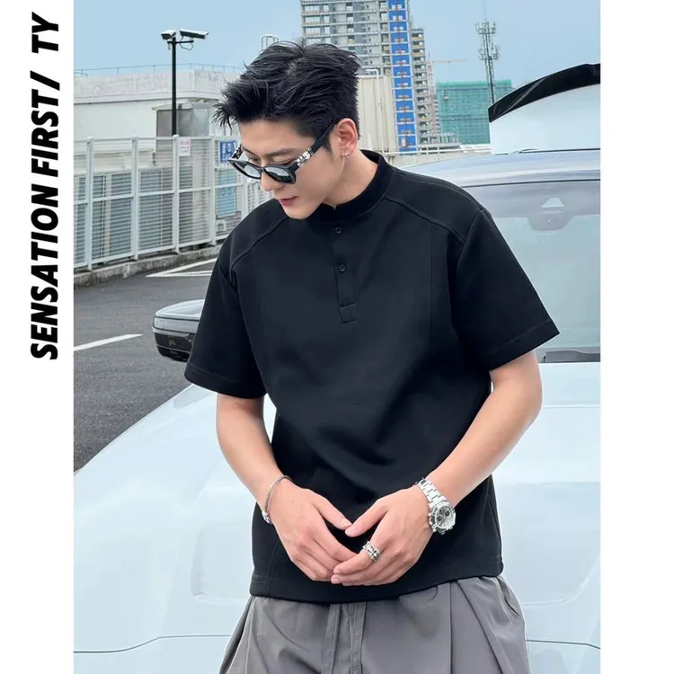 田野L  美式休闲亨利领百搭显瘦cleanfit正肩短袖