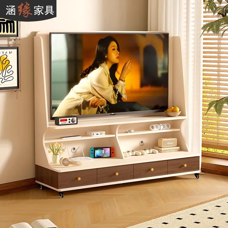 中古风可移动电视柜客厅2025新款落地电视支架收纳储物柜7D128