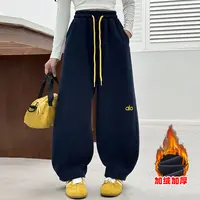 儿童加绒卫裤秋冬装女童弯刀裤中大童棉质洋气休闲抽绳宽松卫裤潮