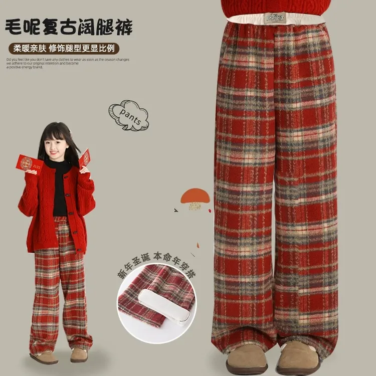 女童毛呢阔腿裤儿童秋冬加绒加厚红色格子裤中大童女孩2025新裤子