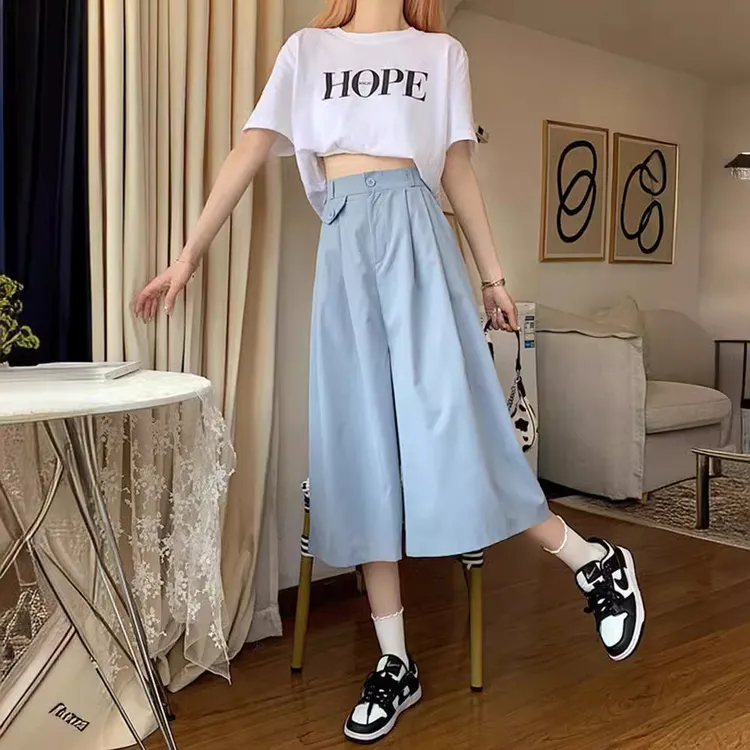 薄款高腰休闲裤阔腿裤七分裤裙新款女少女装时尚韩版夏季宽松2024