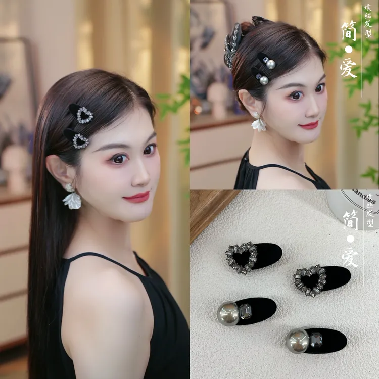 【简•爱专属】法式复古风气质水钻绒面鸭嘴夹侧边夹发夹发饰
