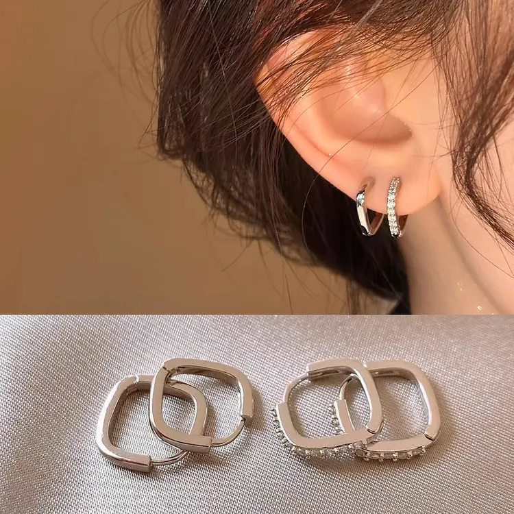 925银耳饰 素圈方形耳环4件套女独特耳钉高级感轻奢爆款素圈耳饰