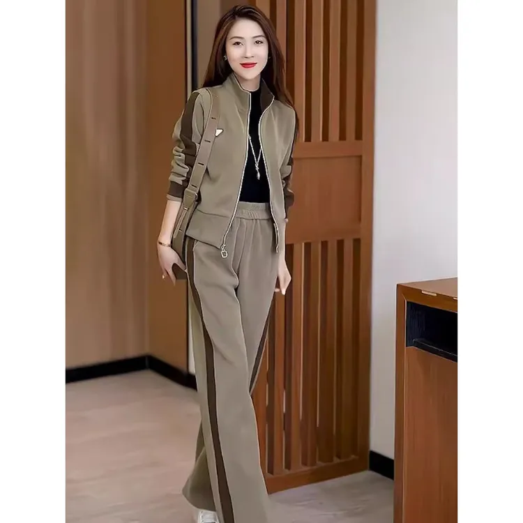 港风复古休闲运动套装女春2025新款时髦显瘦开衫卫衣阔腿裤两件套