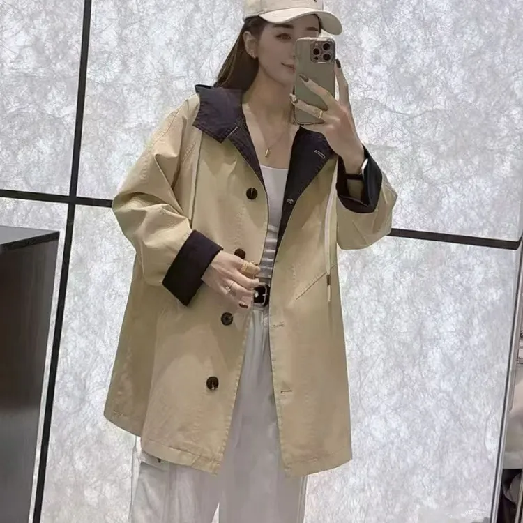 高级感小个子中长款风衣女休闲百搭连帽宽松显瘦上衣