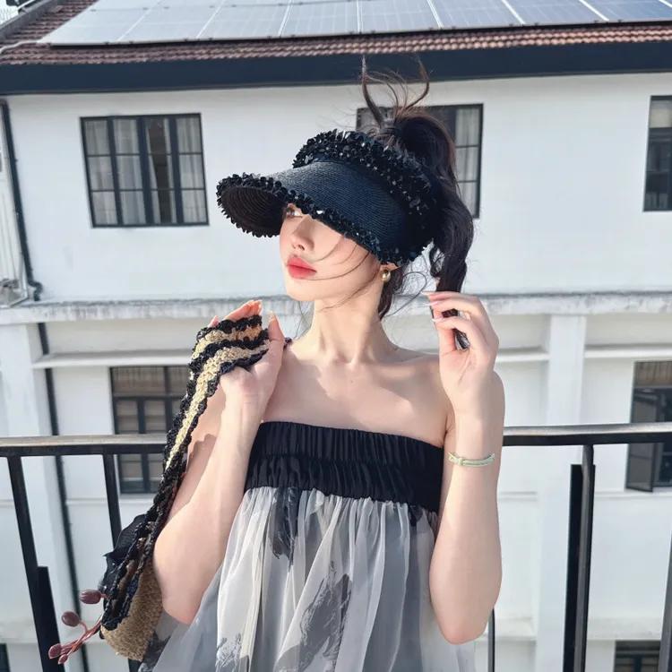 CREAMPP 原创春夏极细软编拉菲草时髦重工亮片大檐防晒发带空顶帽