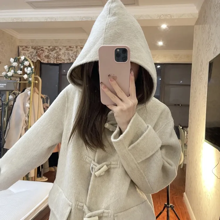 牛角扣简约大气全毛羊毛大衣毛呢外套秋冬落肩袖连帽休闲风女长款