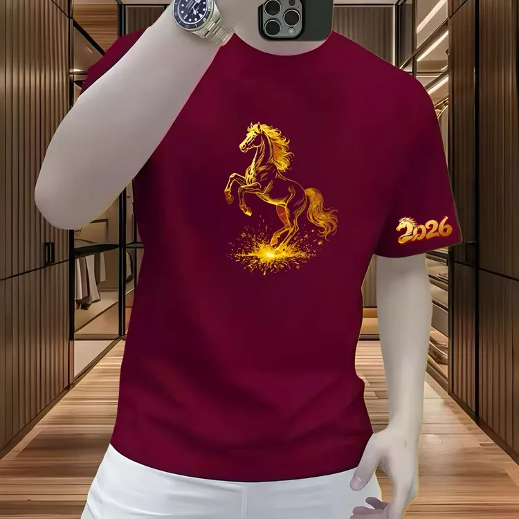 马年本命年红色重磅纯棉骏马印花短袖T恤男潮流时尚百搭圆领上衣