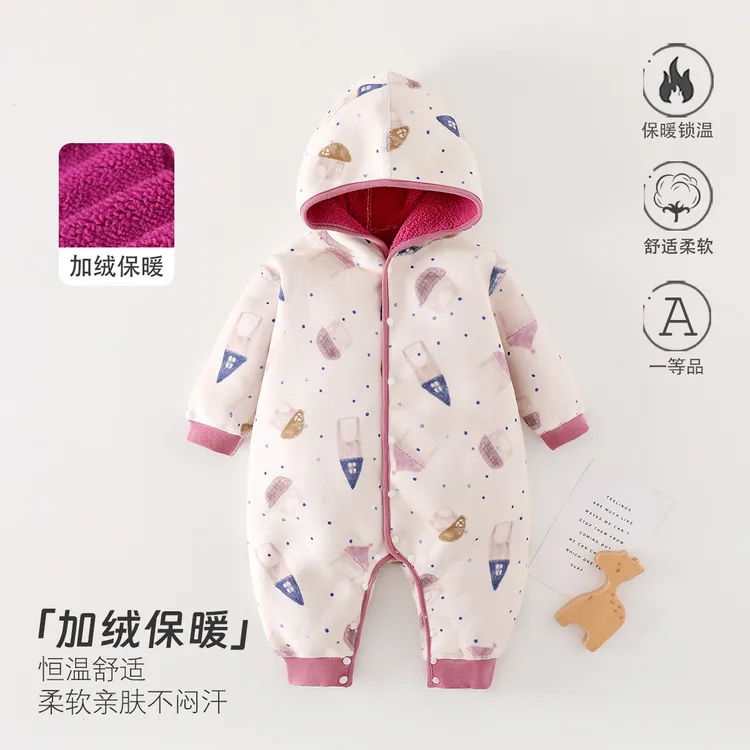 婴儿连体衣秋冬加绒保暖宝宝衣服连帽无骨两面穿外出服婴儿爬爬服