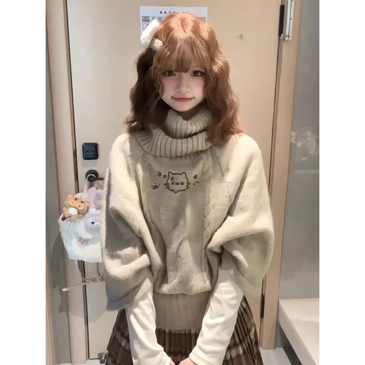 【软萌甜系】秋冬猫咪刺绣高领慵懒风加厚保暖针织衫套头斗篷毛衣