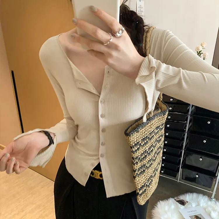 春秋2025新款长袖开衫T恤女薄款高级感超好看内搭打底衫