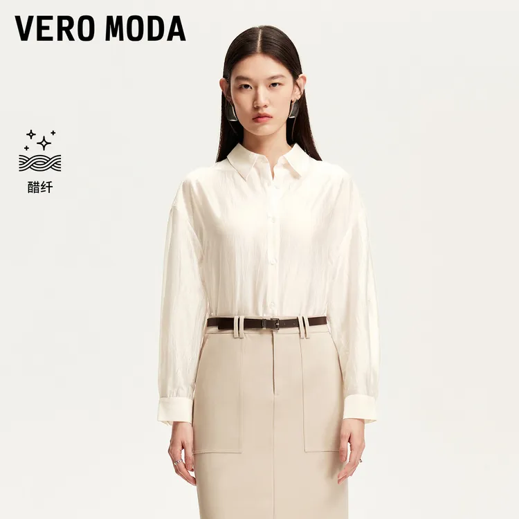 Vero Moda衬衫2025夏日穿搭微透光泽衣摆抽绳九分袖衬衫325205024