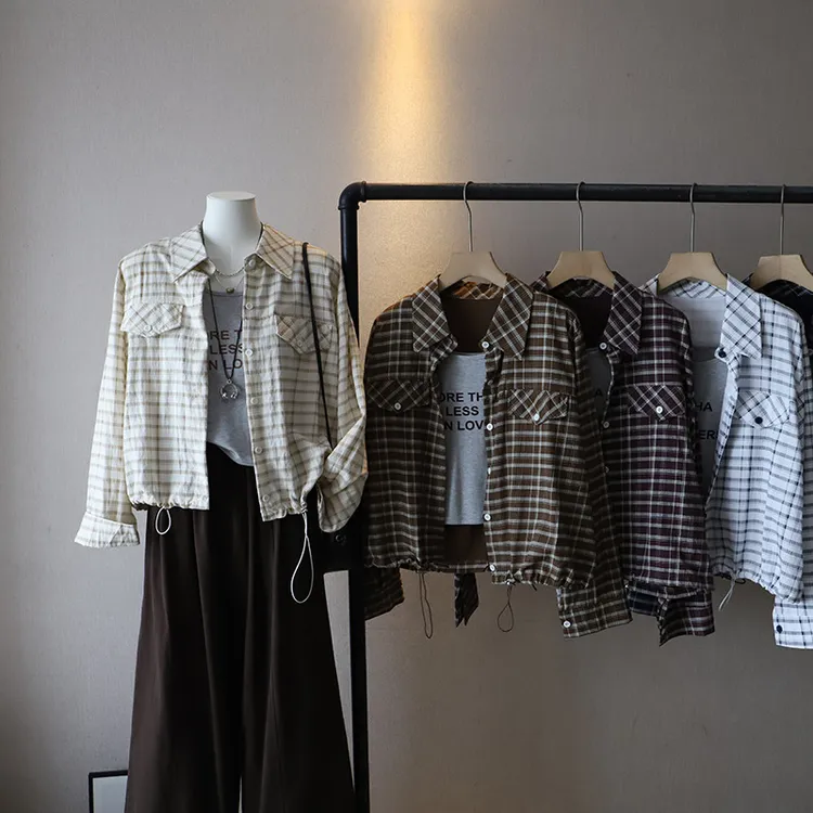 女装抽绳字母休闲秋季格子背心两件套韩版[比正新款2025衬衫]4665