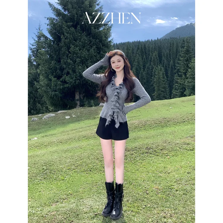  （秋势力周）AZZHEN【秋日浪漫】复古荷叶边V领毛衣AZ4KBS49-00