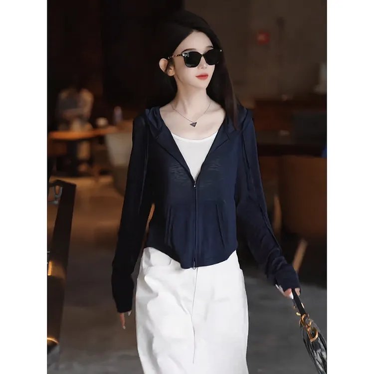 韩系穿搭薄款短款长袖防晒连帽短外套女士夏季小个子巨好看的上衣