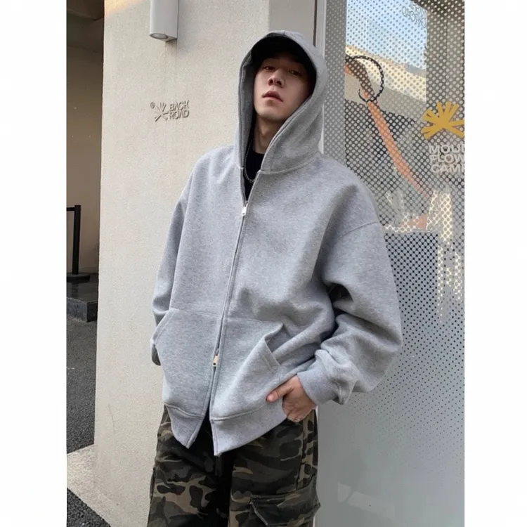 韩版新款休闲双拉链长袖开衫春秋男生宽松连帽卫衣秋季外套潮男士