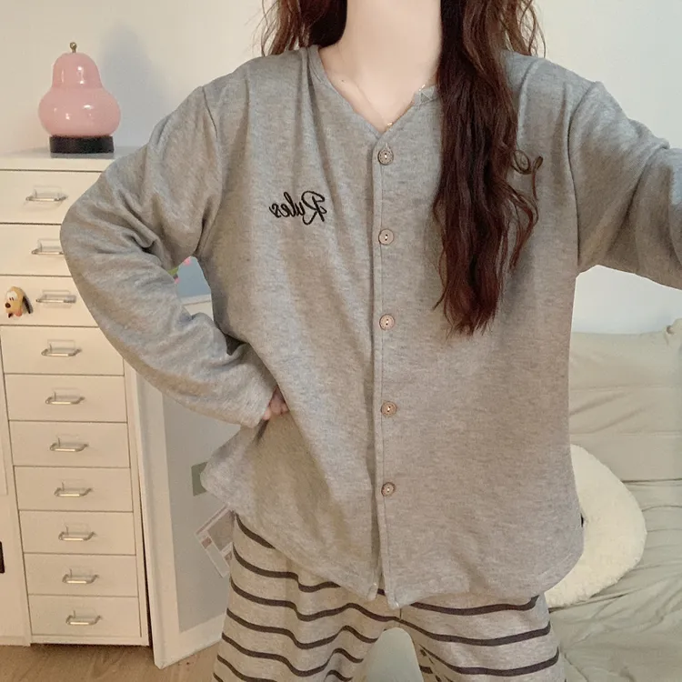 【秋冬洋绒】加厚睡衣女2025新款长袖条纹字母可外穿保暖家居服套装
