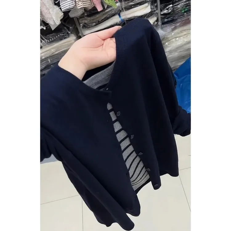 韩版撞色条纹拼接假两件长袖T恤女早秋季圆领小众炸街高级感女装