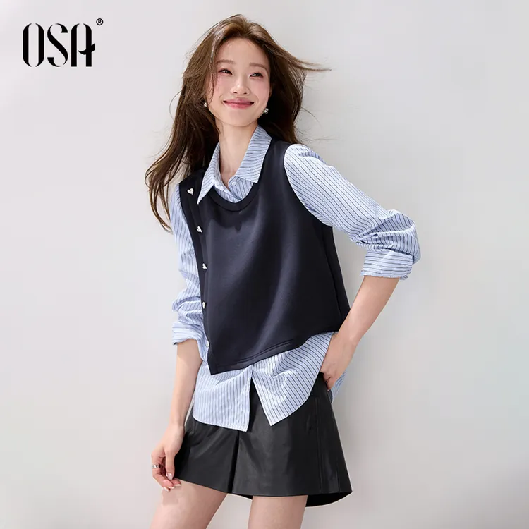 OSA/欧莎 翻领拼接假两件女新款休闲百搭条纹衬衫上衣S125C12022