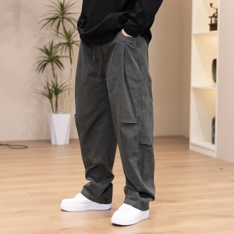 秋季宽松ins水洗直筒港风百搭工装弯刀裁剪男士休闲裤