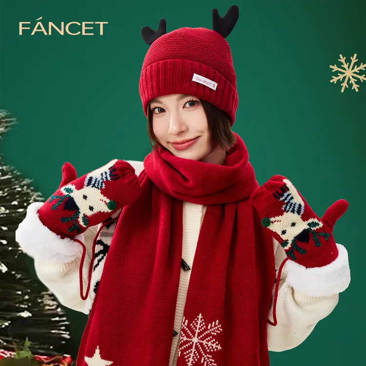 【圣诞专属】FANCET帽子围巾手套三件套女冬季手套保暖韩版圣诞围巾
