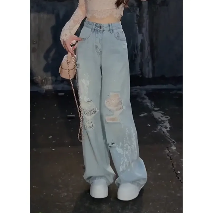 艾塔莉美式辣妹破洞宽松拖地牛仔裤春夏新款显瘦小众设计感直筒裤