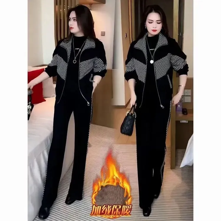 高档洋气加绒加厚休闲套装女秋冬季新款减龄拼接格子外套两件套潮