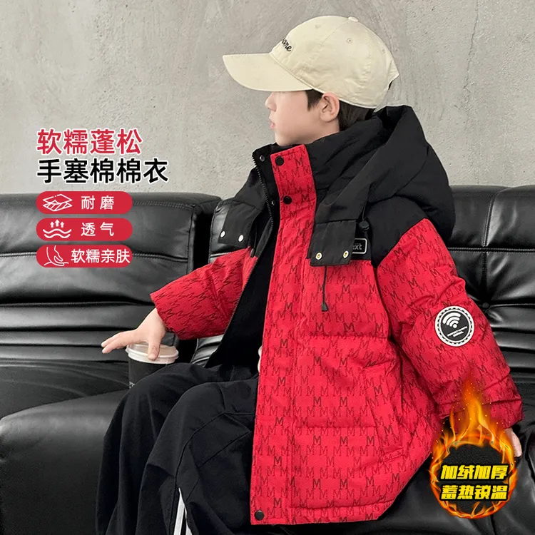 男童红色棉服中长款冬季加绒加棉连帽棉衣儿童中大童加绒棉袄洋气