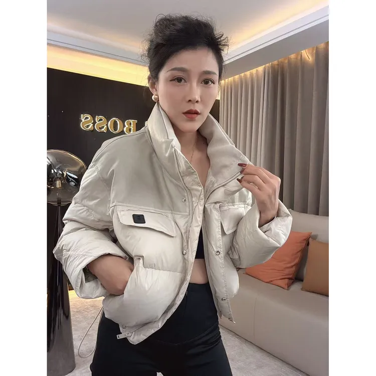 【耿老板1272#M】港风复古皮拼接小众设计师精致短款白鸭绒羽绒服