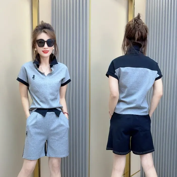 1003#撞色拼接洋气减龄上衣+短裤两件套