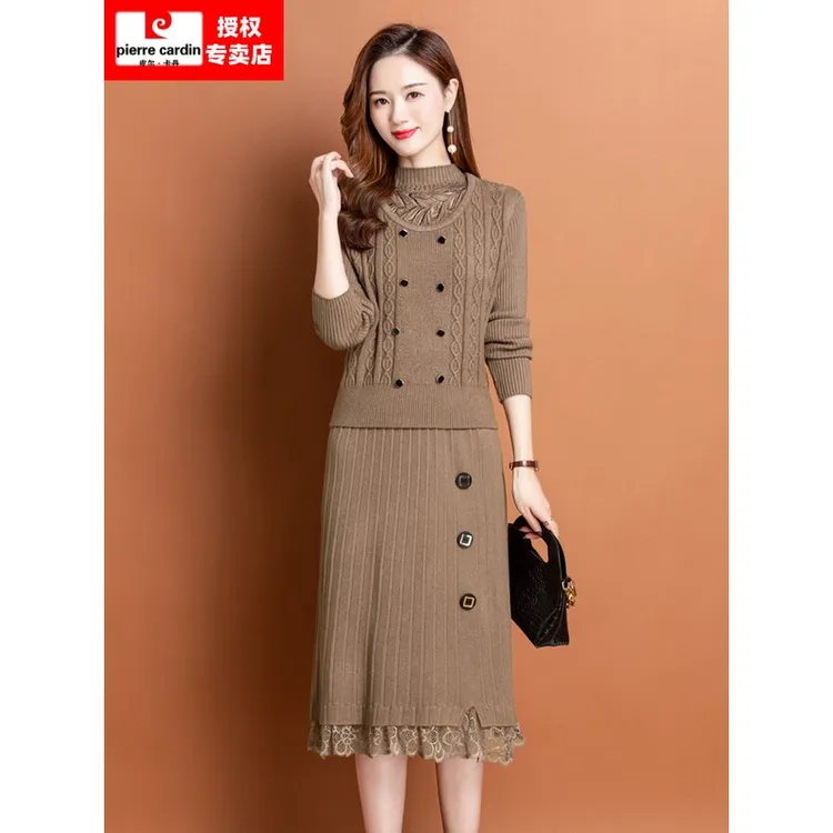 皮尔卡丹羊毛衫女秋冬蕾丝拼接毛衣裙中长款加厚内搭羊绒针织连衣