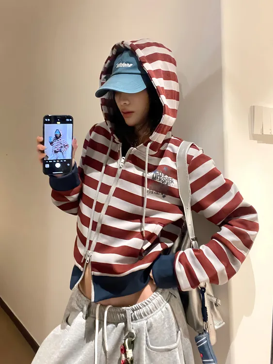 BINXLAN条纹美式连帽开衫卫衣外套女秋季拉链短款上衣宽松休闲