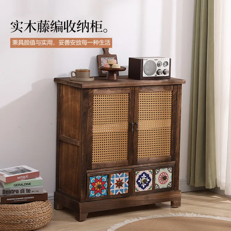 实木收纳储物柜复古餐边柜玄关茶水柜藤编斗柜子客厅边柜美式阳台