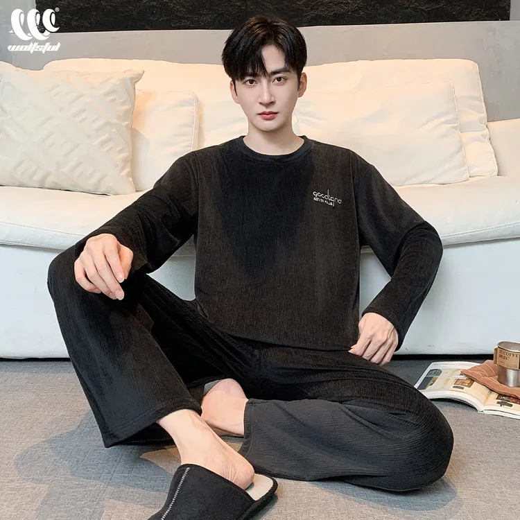 男士睡衣冬季海岛绒长袖长裤2025年新款简约休闲可外穿家居服套装