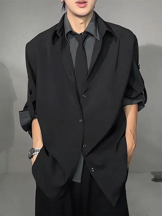 垂感男模穿搭长袖衬衣假两件拼接领带衬衫男高级感2025年秋季新款