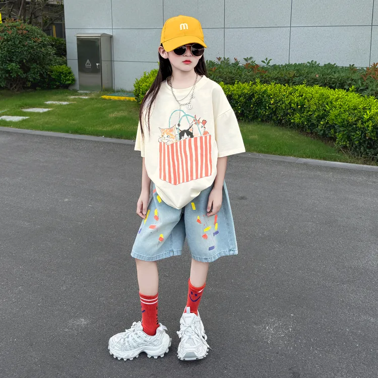 女童2025新款夏季t恤短袖夏装上衣中大童宽松休闲牛仔短裤两件套