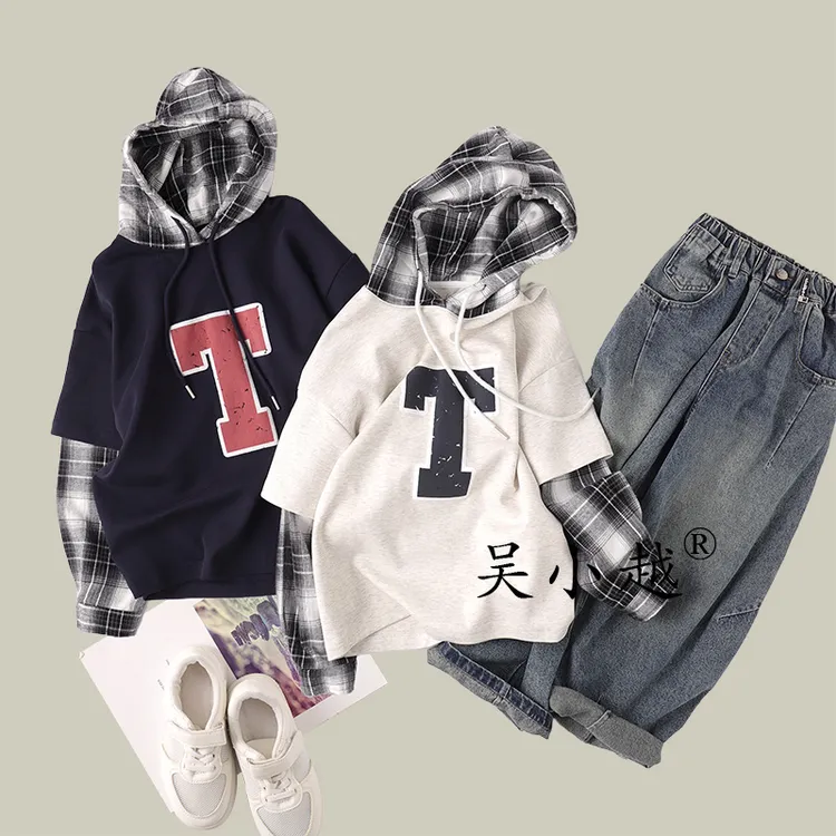 吴小越w1460男童秋装连帽套头拼色棉t恤长袖中大童儿童打底衫