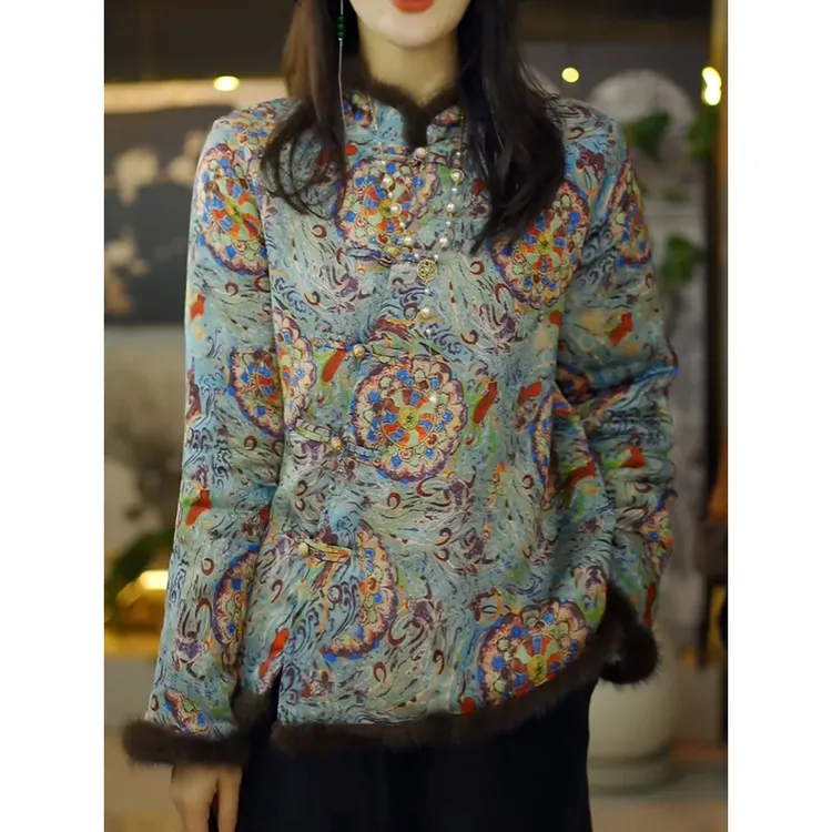 新中式文艺风优雅印花夹棉保暖衬衫2026冬季新款立领显瘦百搭衬衣