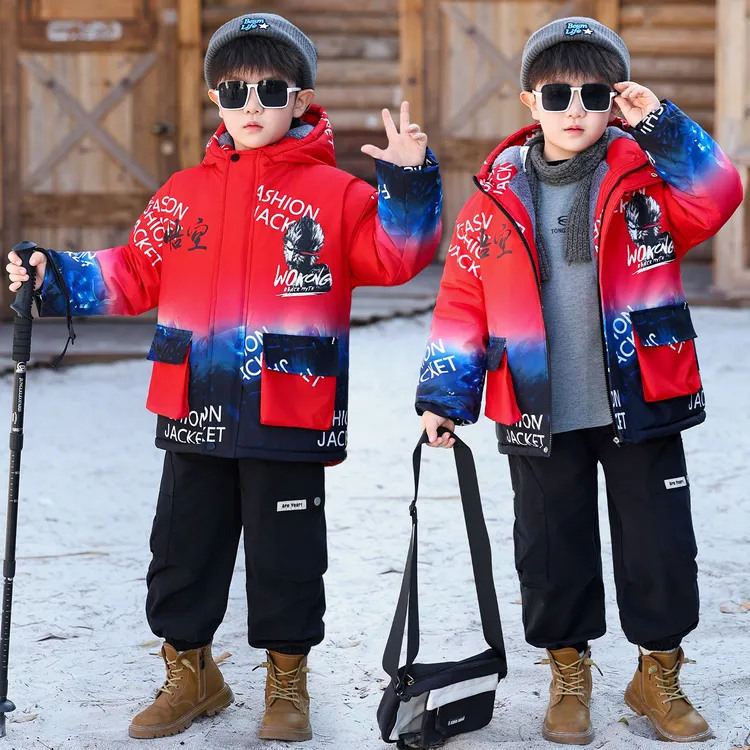 男童加绒外套儿童加厚派克服冬装2025新款防风男孩冬季保暖棉服潮