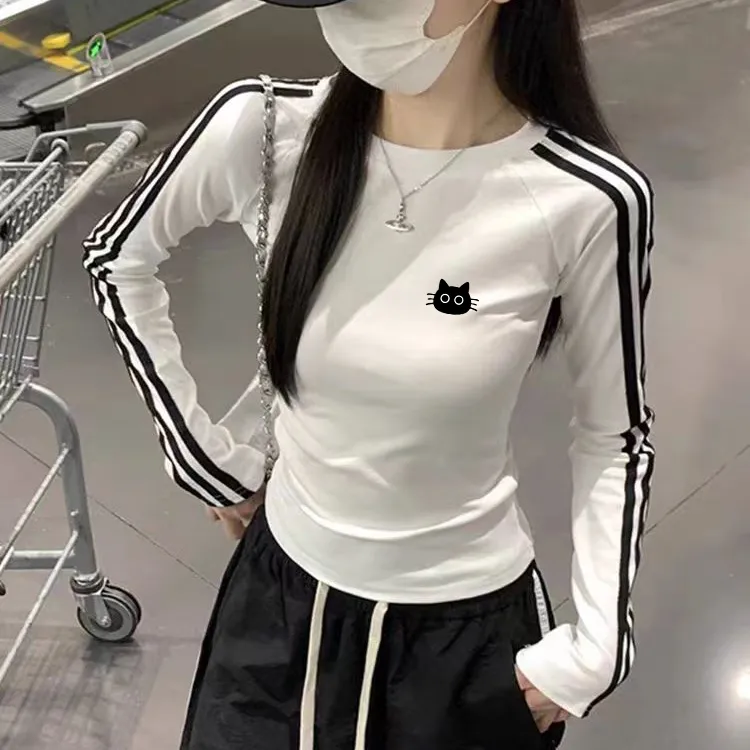 韩系新款秋冬美式辣妹插肩袖打底上衣女杠条圆领修身内搭长袖T恤