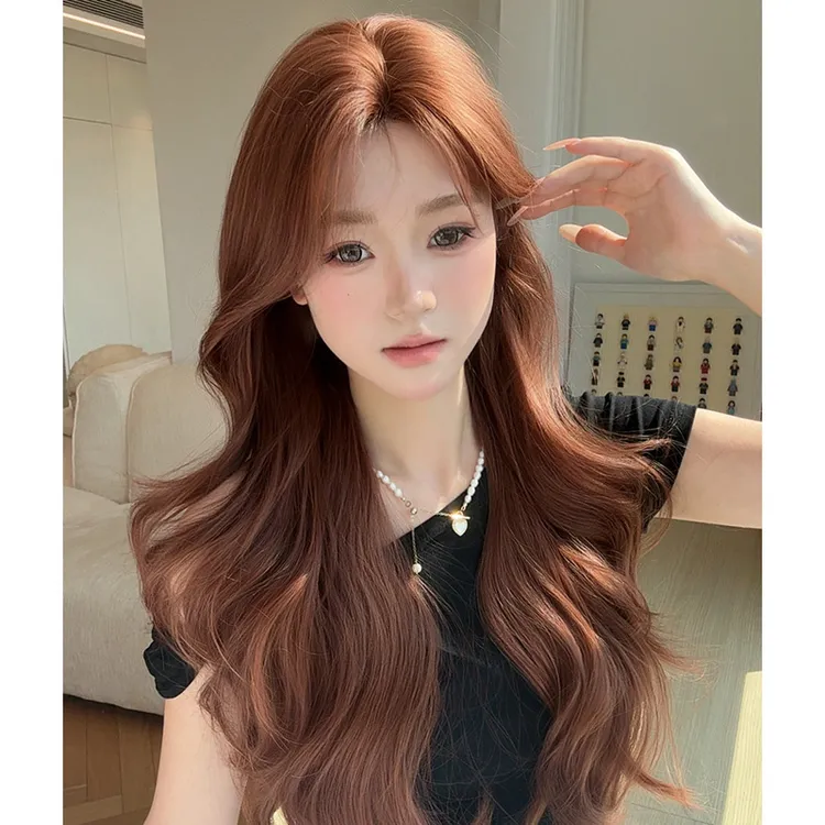 【焦糖橘棕】假发女款小额蕾丝轻薄中分大波浪氛围感自然款全头套式