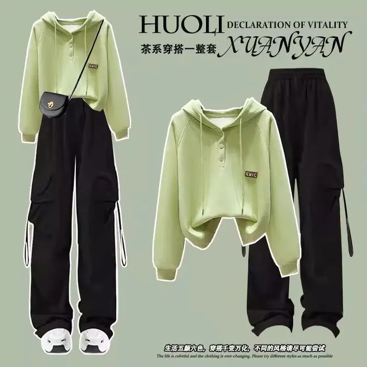 女童套装秋装女25新款初中生学院风时尚连帽卫衣休闲工装裤两件套