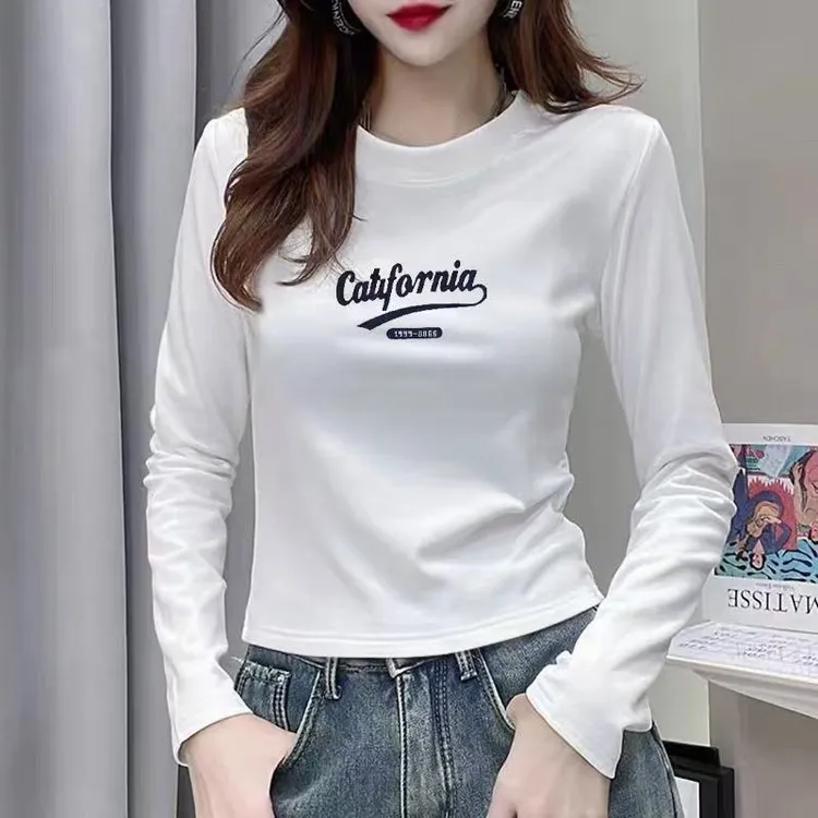 2025新款秋冬正肩短款白色打底衫女内搭修身洋气加绒长袖T恤上衣