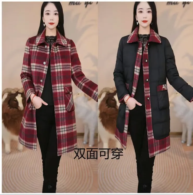 洋气拼接羽绒服鸭绒中长款遮肉修身显瘦保暖两面穿大衣外套