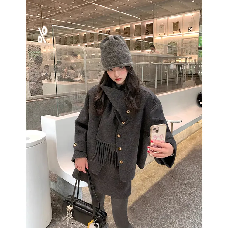韩系别致设计感时髦呢子外套百搭不规则短裙气质灰色套装裙女冬季