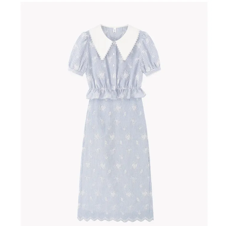 韩系夏日穿搭一整套3134独特漂亮蓝色条纹娃娃领衬衫半身裙套装